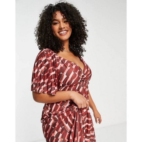 ASOS Design Curve Pleated Twist Back Cap Sleeve Midi Dress Abstract Print 20 NWT - Picture 2 of 16